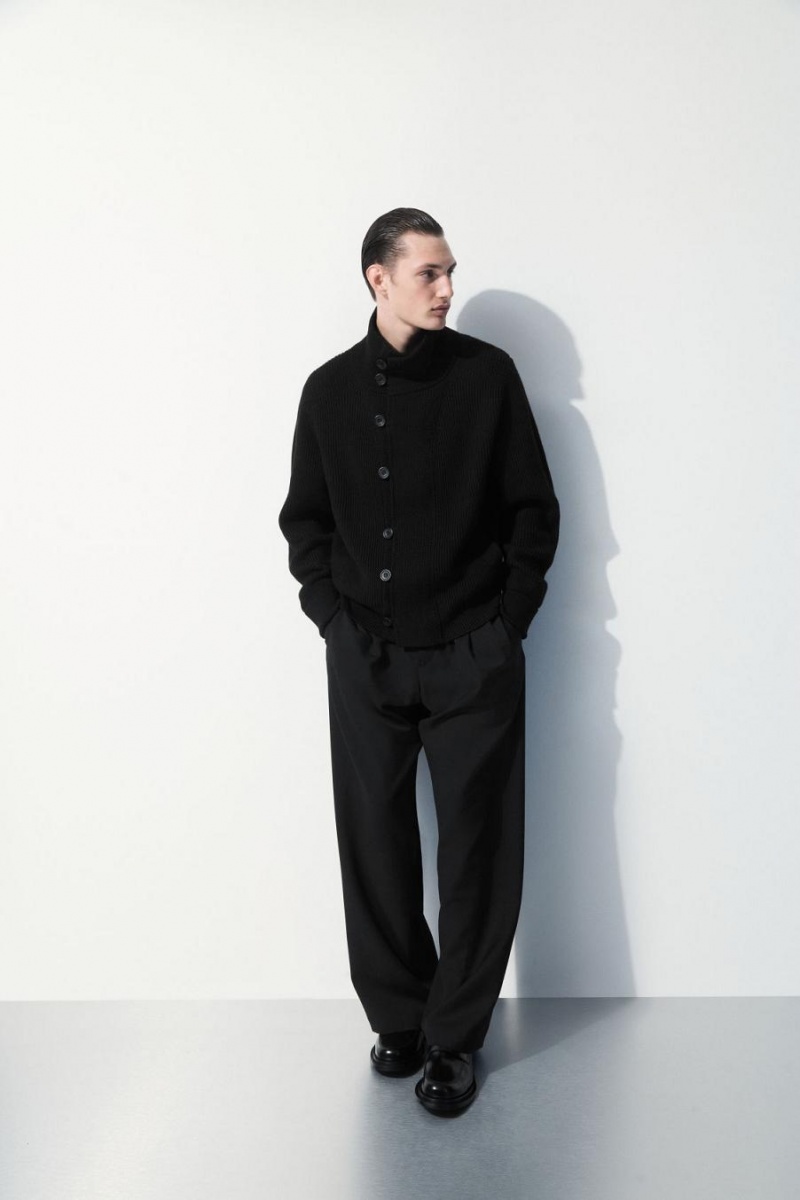 COS The Funnel-neck Kötött Gyapjú Kabát Férfi Fekete | MOD-913524