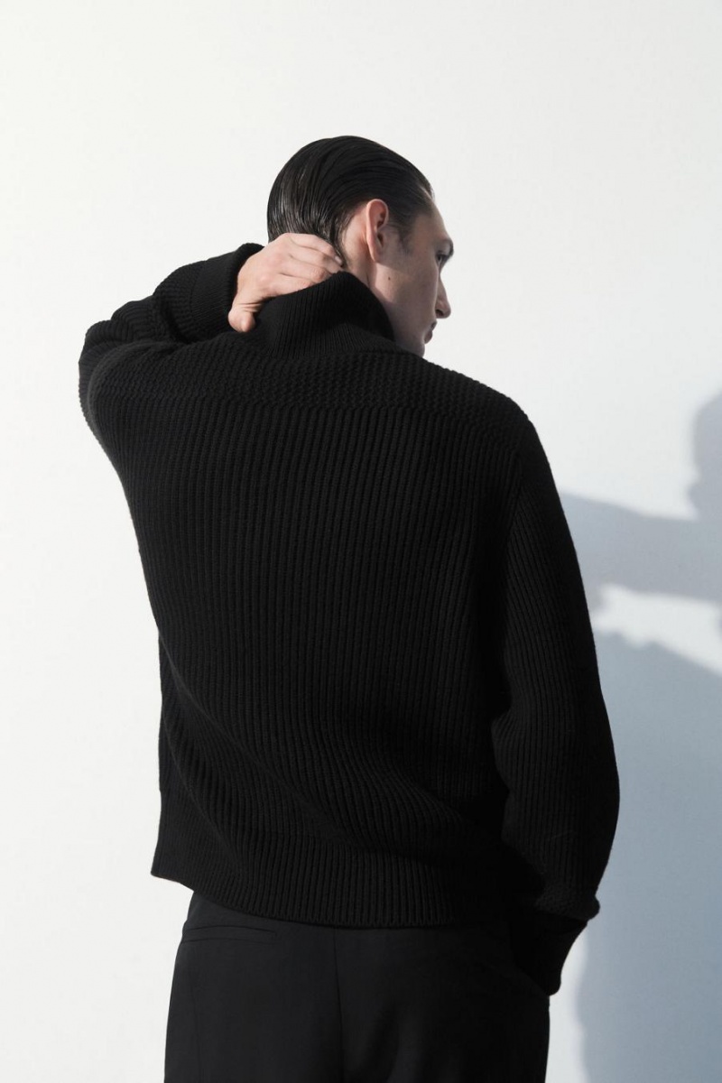 COS The Funnel-neck Kötött Gyapjú Kabát Férfi Fekete | MOD-913524