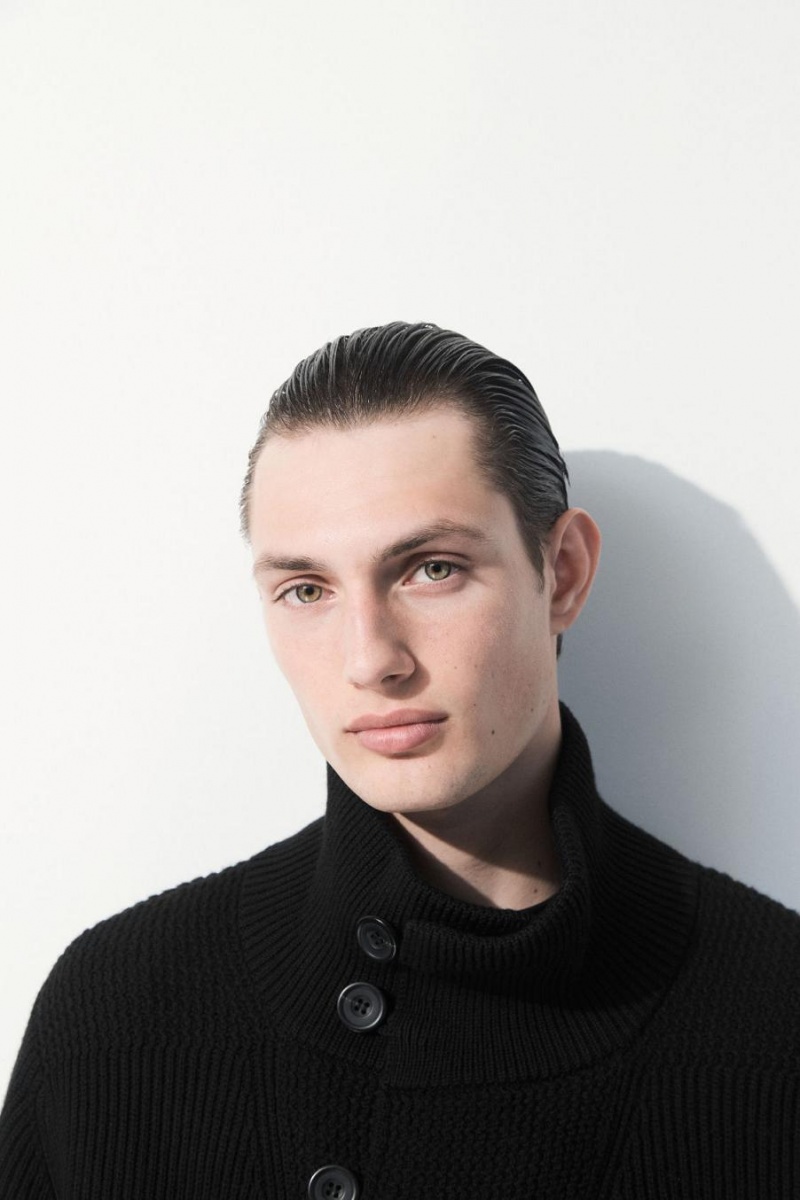 COS The Funnel-neck Kötött Gyapjú Kabát Férfi Fekete | MOD-913524