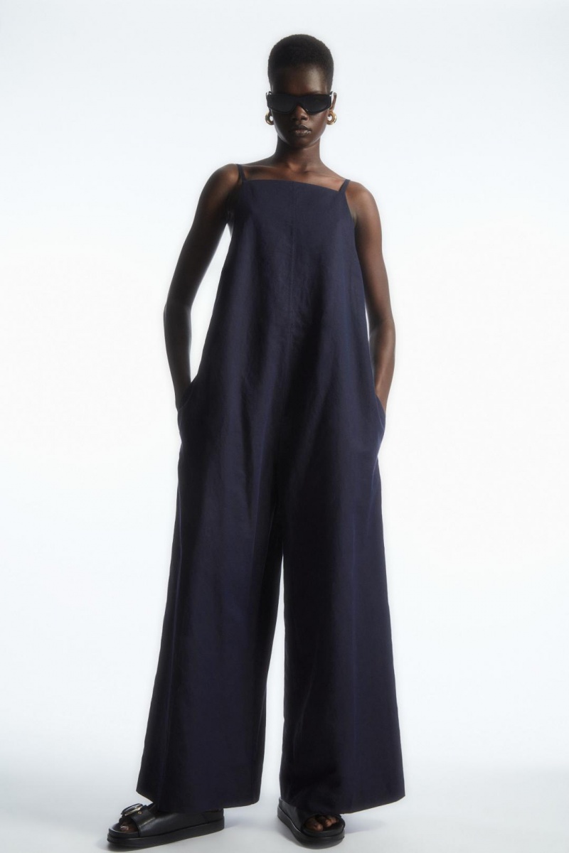COS Tie-detail Linen Jumpsuit Női Sötétkék | DEG-180957