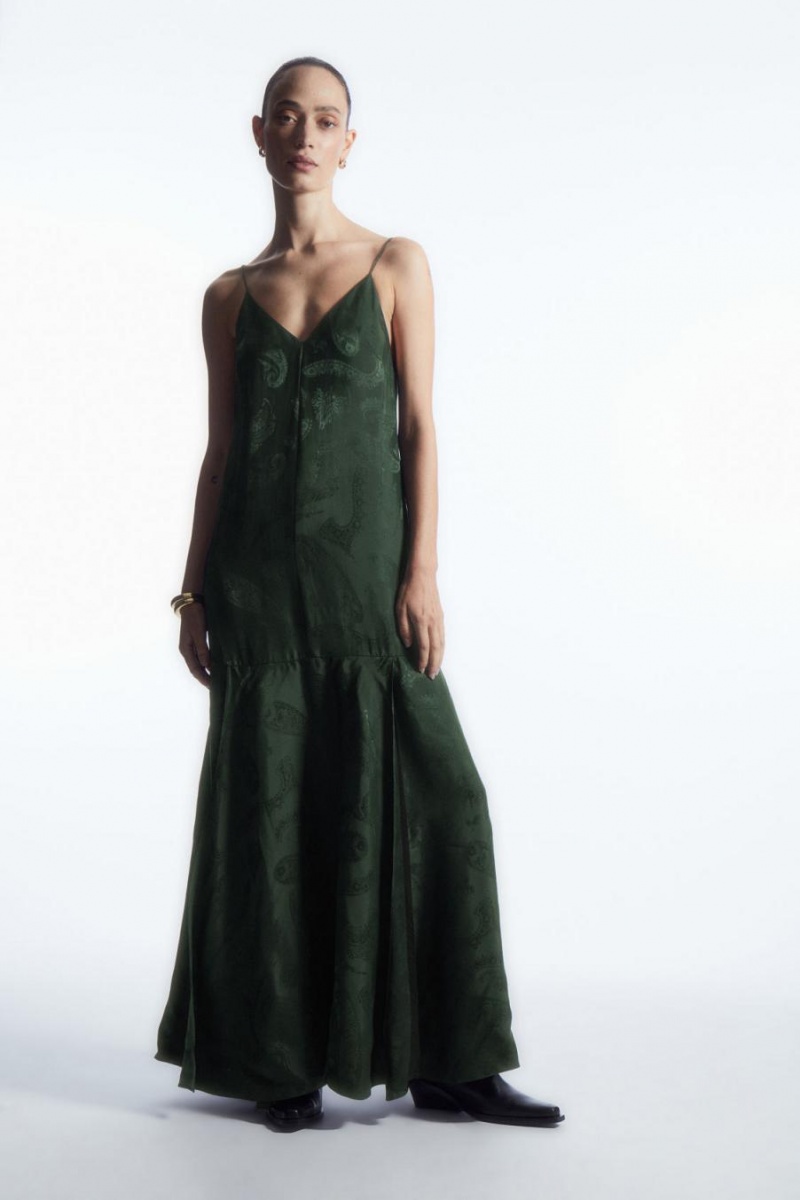 COS Tiered Paisley-jacquard Silk Maxi Ruha Női Sötétzöld | TQS-512783