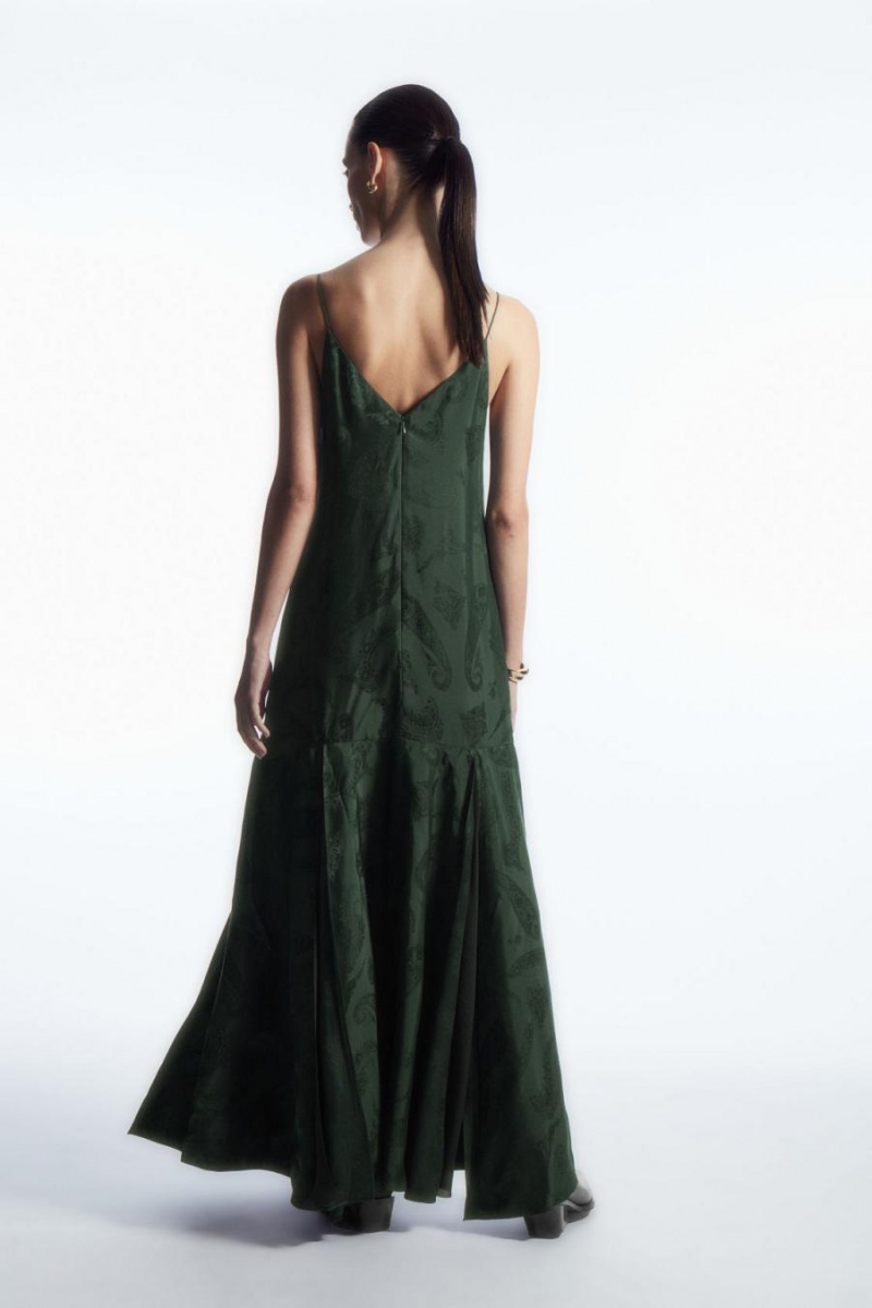 COS Tiered Paisley-jacquard Silk Maxi Ruha Női Sötétzöld | TQS-512783