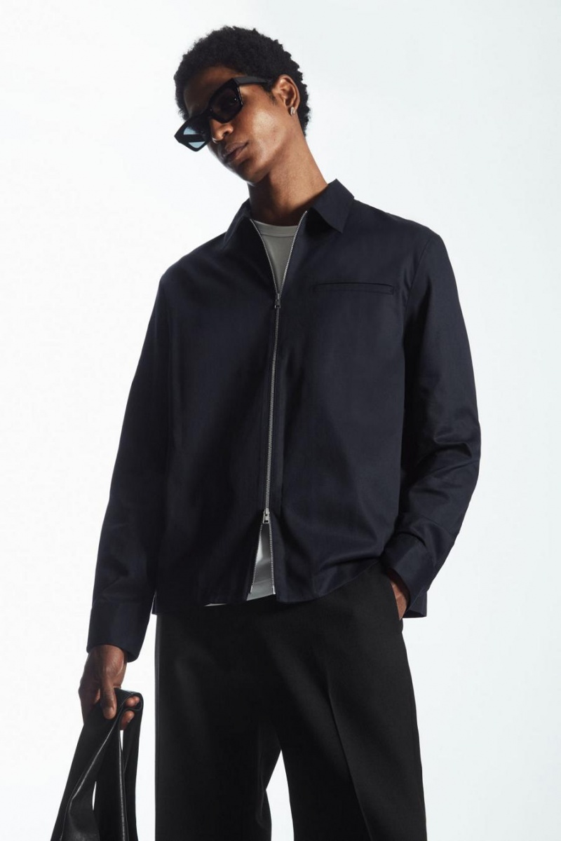 COS Twill Zip-up Ing Férfi Sötétkék | BEA-380427
