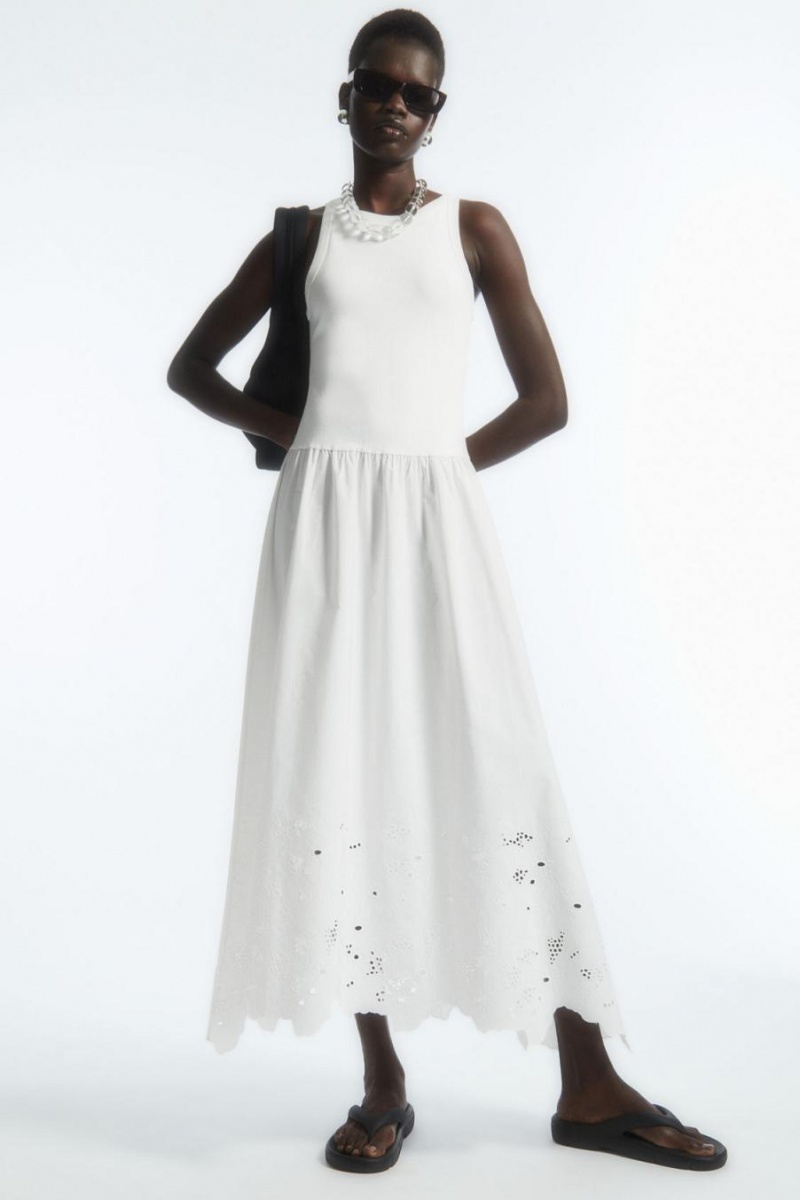 COS Ujjatlan Broderie Anglaise Midi Ruha Női Fehér | WZC-873529