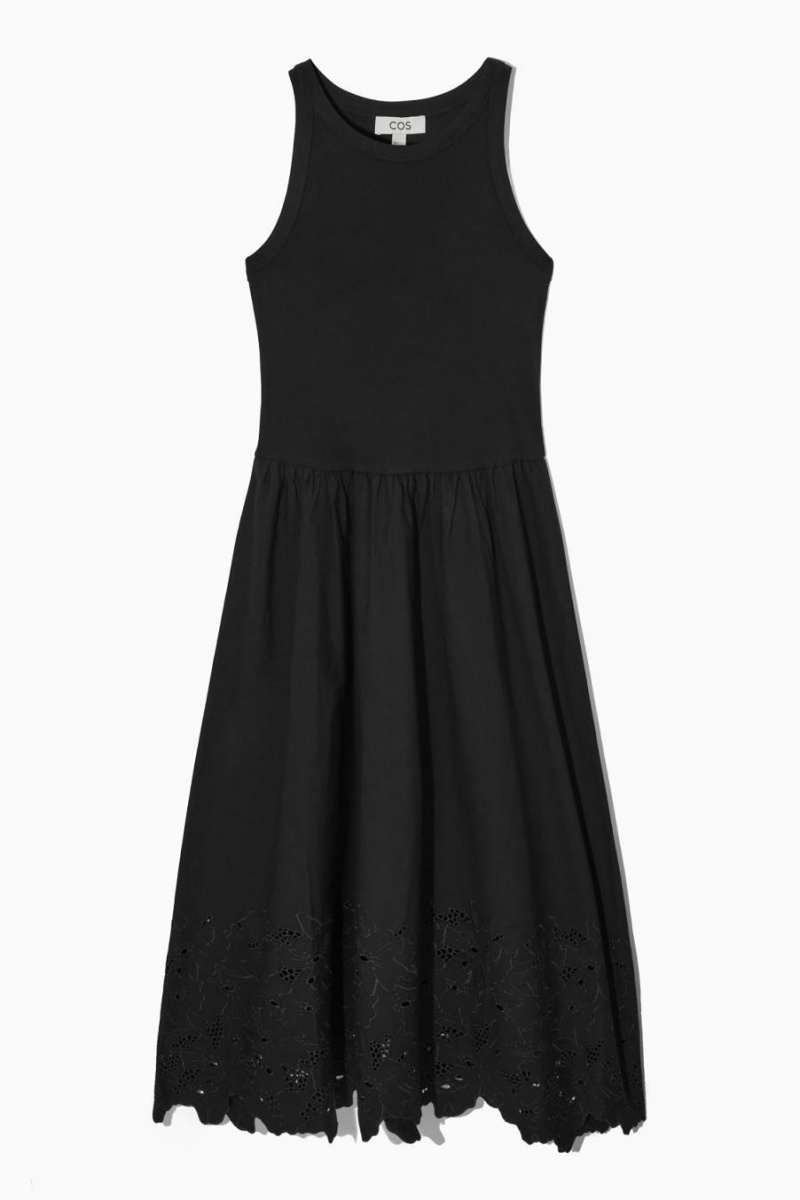 COS Ujjatlan Broderie Anglaise Midi Ruha Női Fekete | LEY-742069