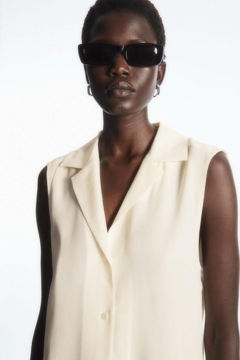 COS Ujjatlan Camp-collar Pure Silk Blúz Női Krém | FYP-451320