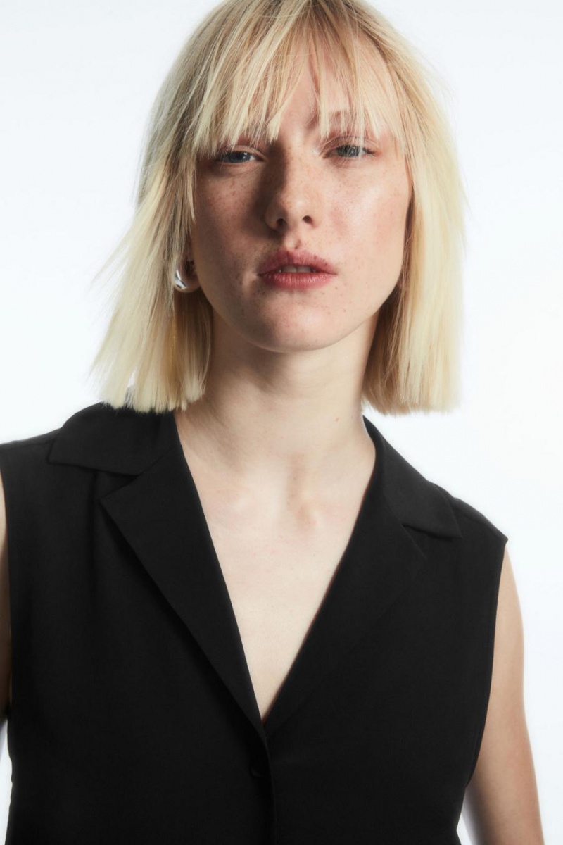COS Ujjatlan Camp-collar Pure Silk Blúz Női Fekete | DON-786419
