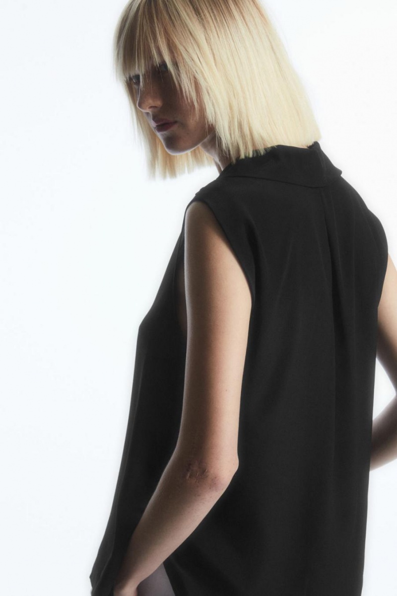 COS Ujjatlan Camp-collar Pure Silk Blúz Női Fekete | DON-786419