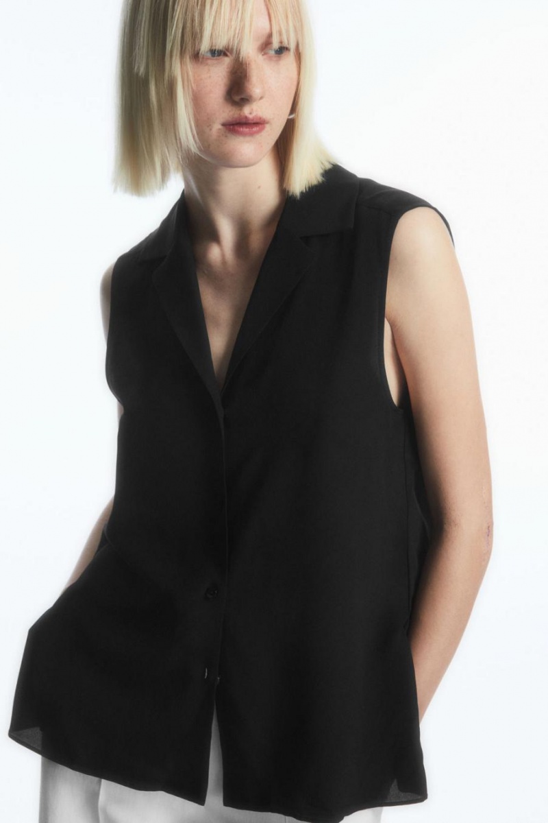 COS Ujjatlan Camp-collar Pure Silk Blúz Női Fekete | DON-786419