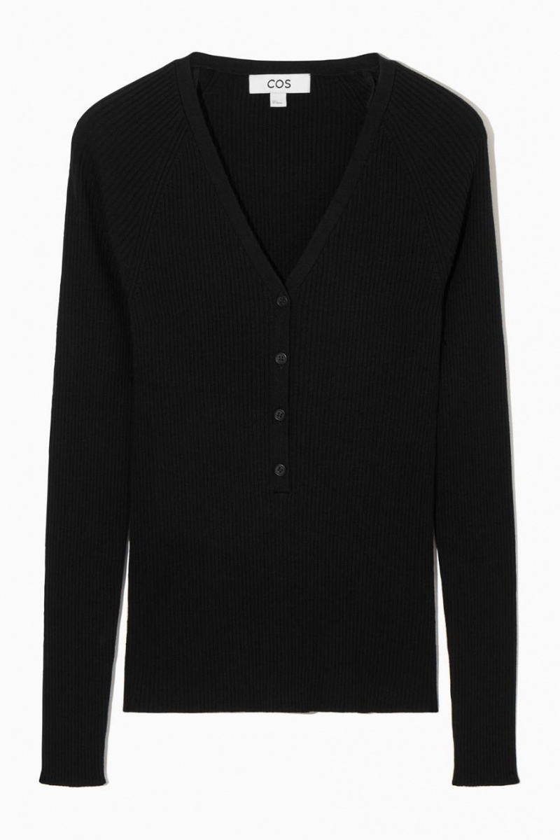 COS V-neck Bordázott Gyapjú Henley Felső Női Fekete | SAO-634587