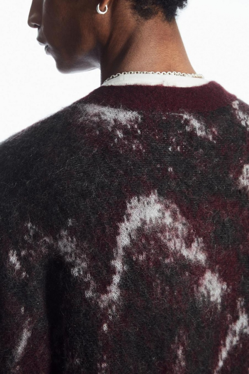 COS V-neck Brushed Mohair-blend Kardigán Férfi Bordó Fekete | HTD-374198