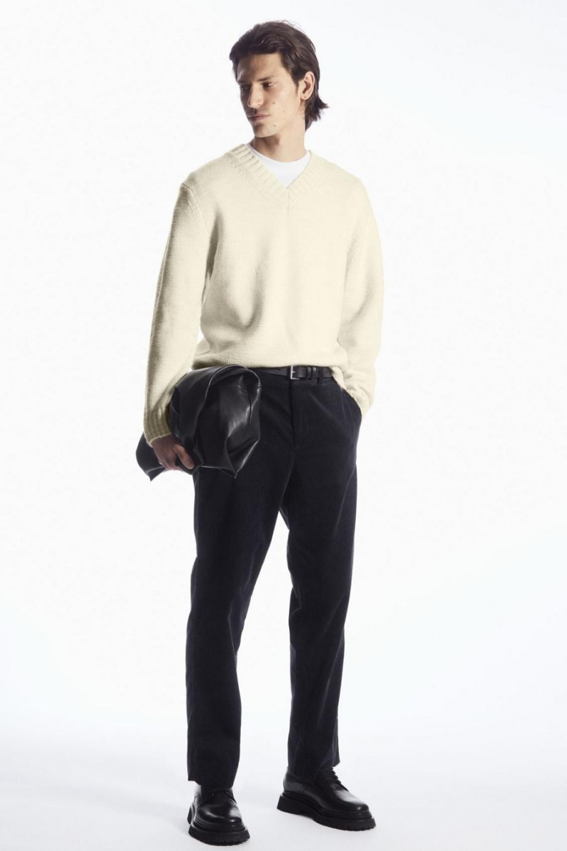 COS V-neck Gyapjú Jumpers Férfi Krém | QEG-329806