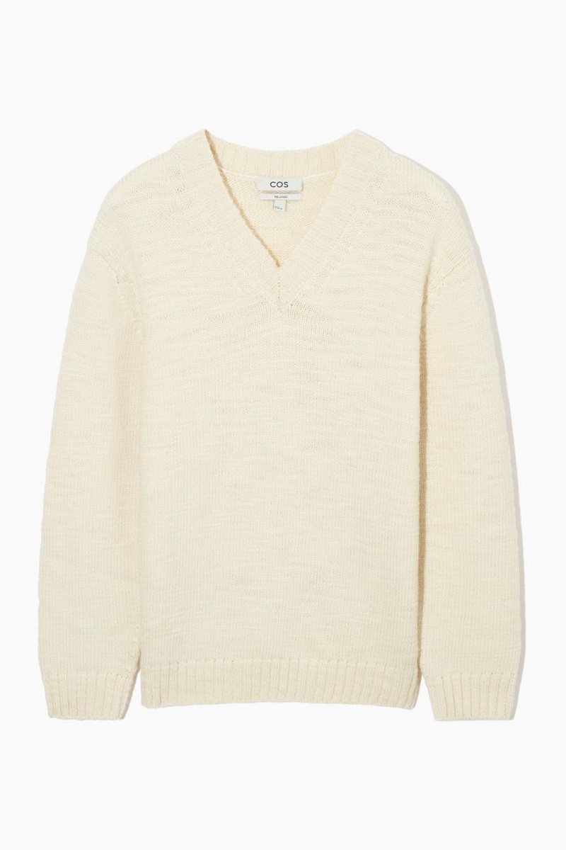 COS V-neck Gyapjú Jumpers Férfi Krém | QEG-329806