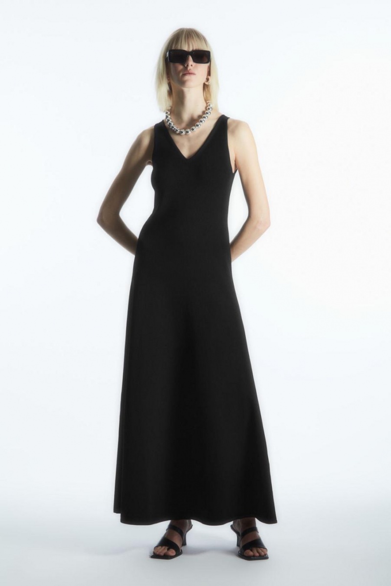 COS V-neck Kötött Maxi Ruha Női Fekete | ELB-329148