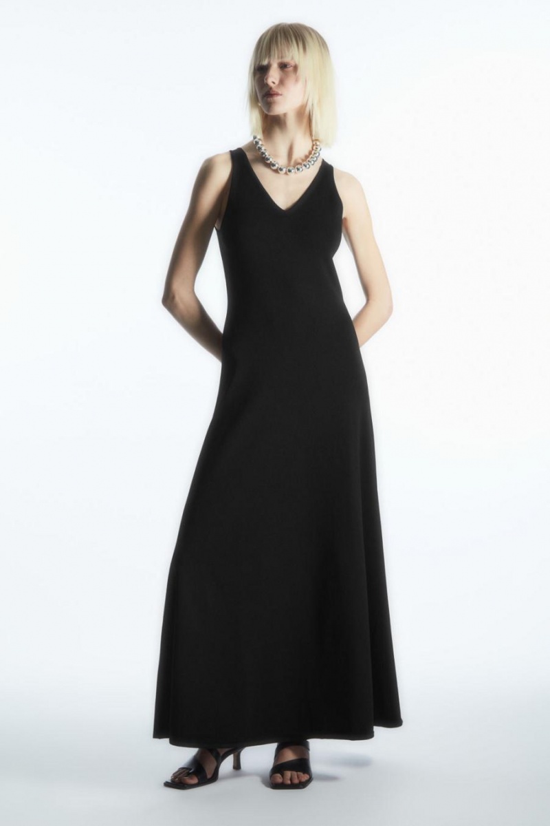 COS V-neck Kötött Maxi Ruha Női Fekete | ELB-329148