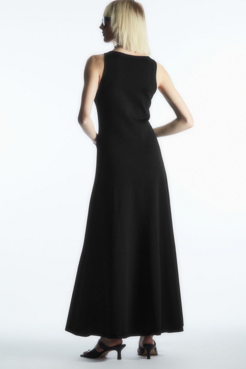 COS V-neck Kötött Maxi Ruha Női Fekete | ELB-329148