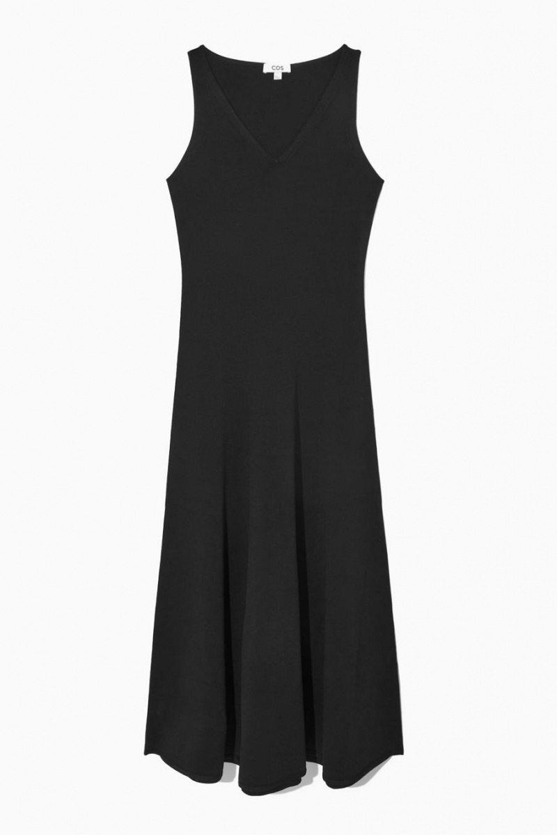 COS V-neck Kötött Maxi Ruha Női Fekete | ELB-329148