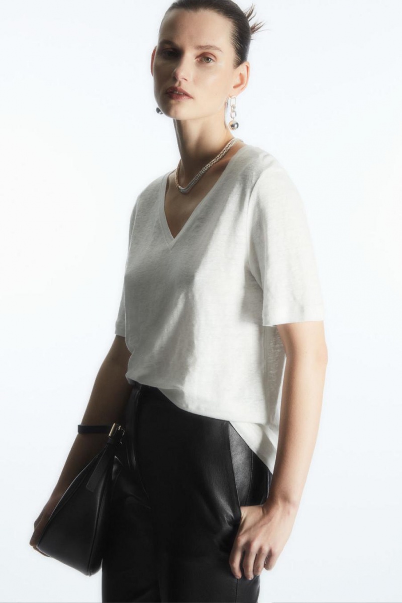COS V-neck Linen Póló Női Fehér | MBX-560837