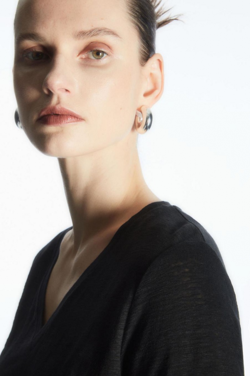 COS V-neck Linen Póló Női Fekete | RHL-137624