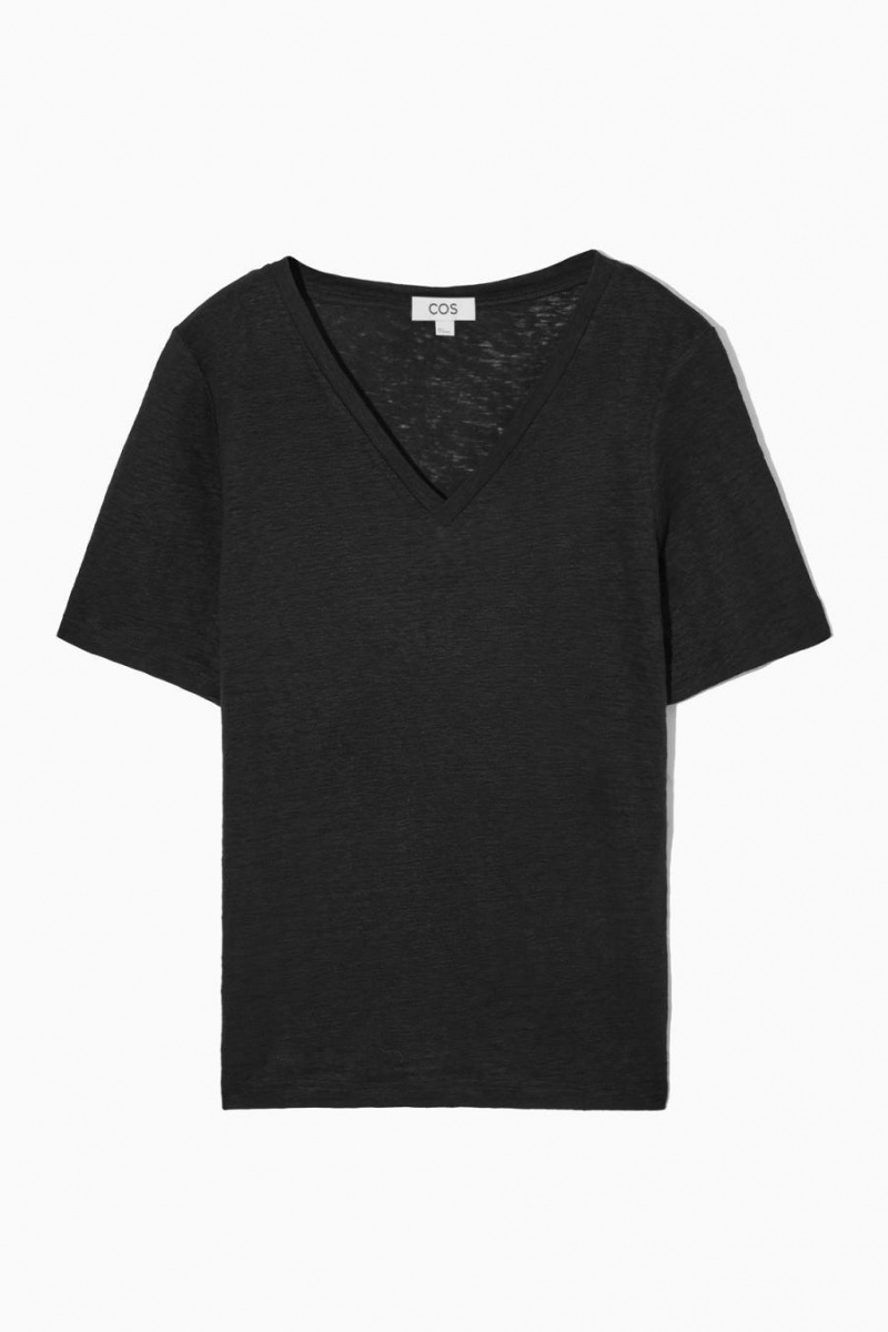 COS V-neck Linen Póló Női Fekete | RHL-137624