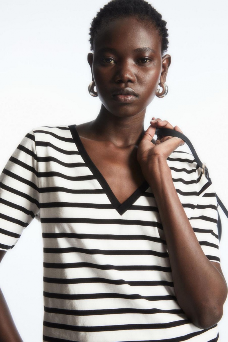 COS V-neck Póló Női Sötétkék Fehér | ZGL-089265