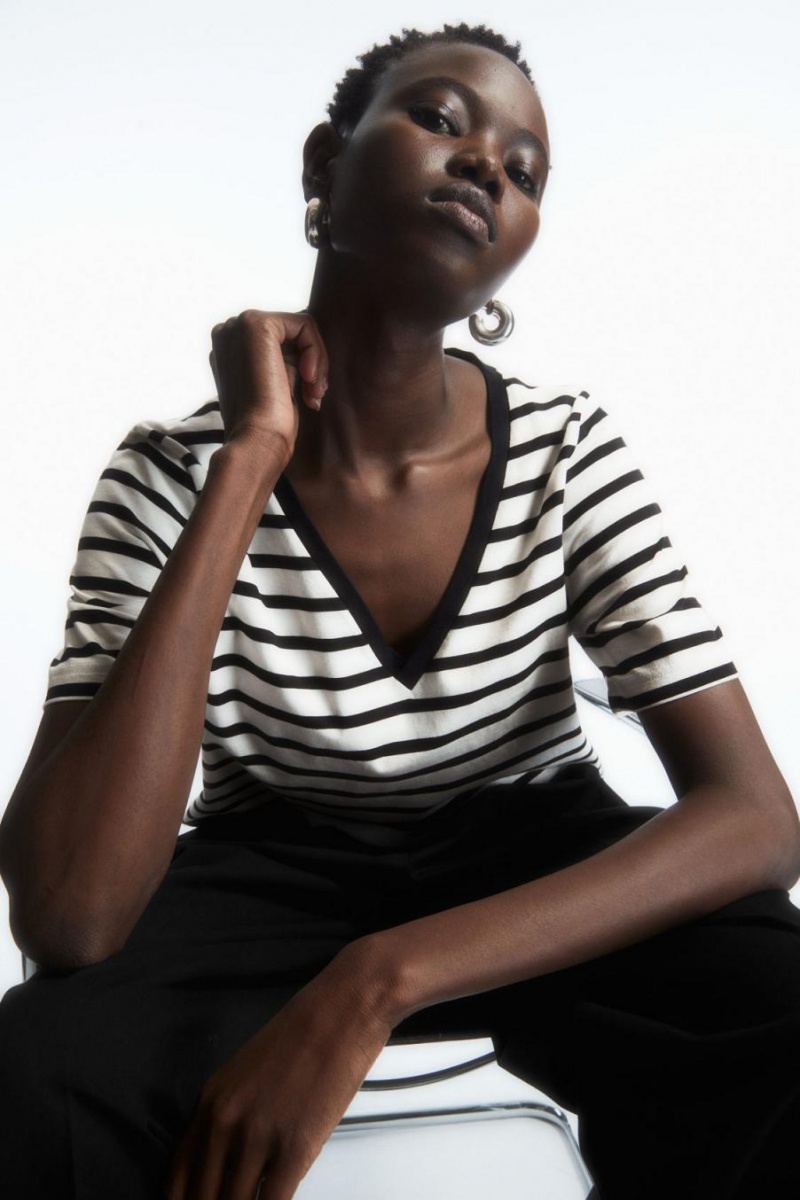 COS V-neck Póló Női Sötétkék Fehér | ZGL-089265