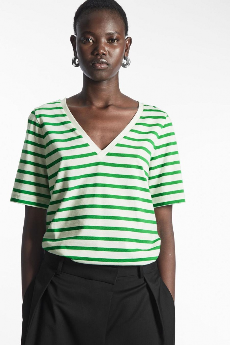 COS V-neck Póló Női Zöld Fehér | YDO-579123