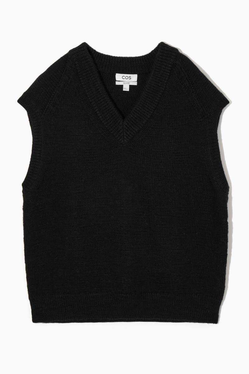 COS V-neck Textured-wool Mellény Férfi Fekete | EOL-293671