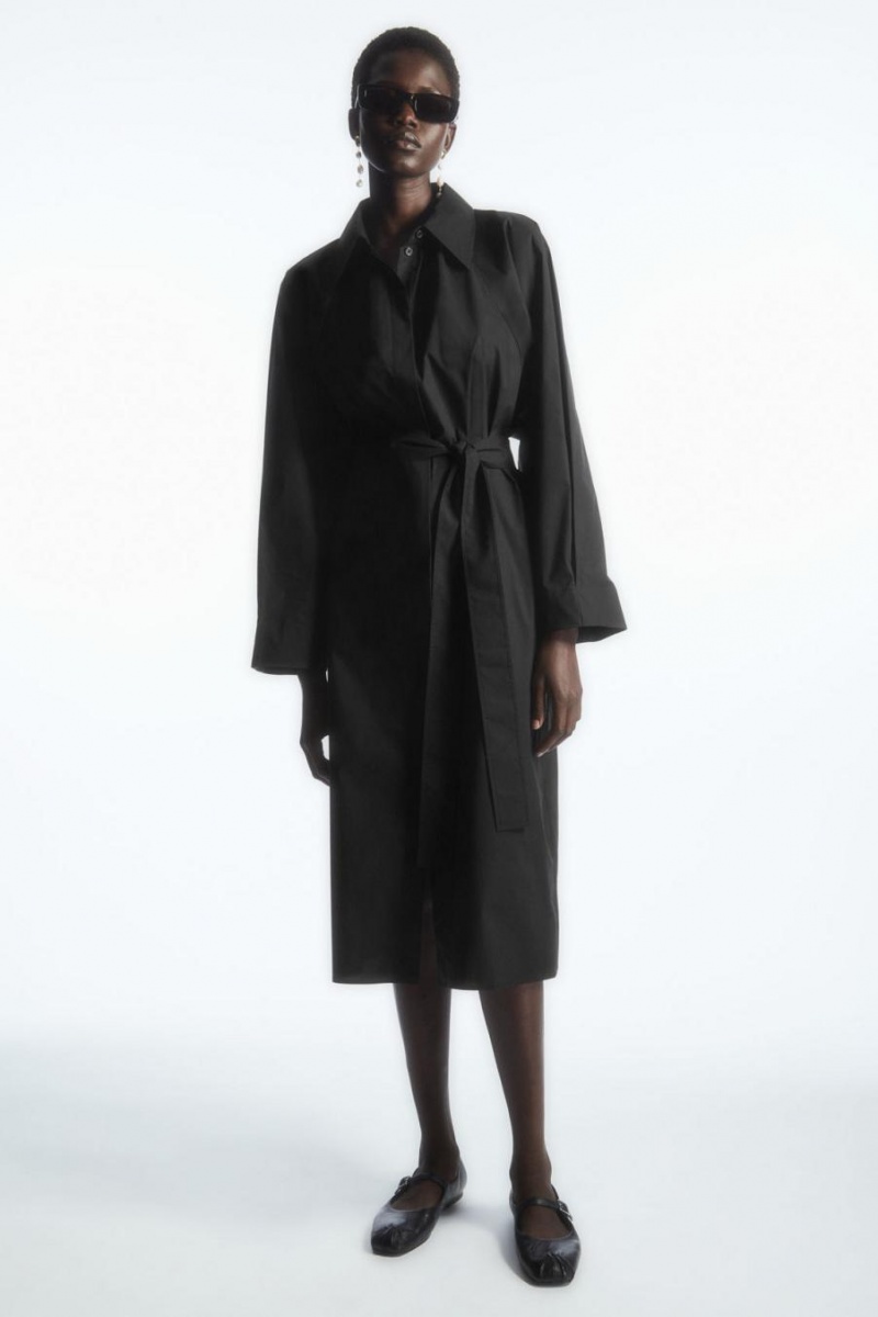 COS Voluminous Belted Midi Shirt Ruha Női Fekete | SLF-309147