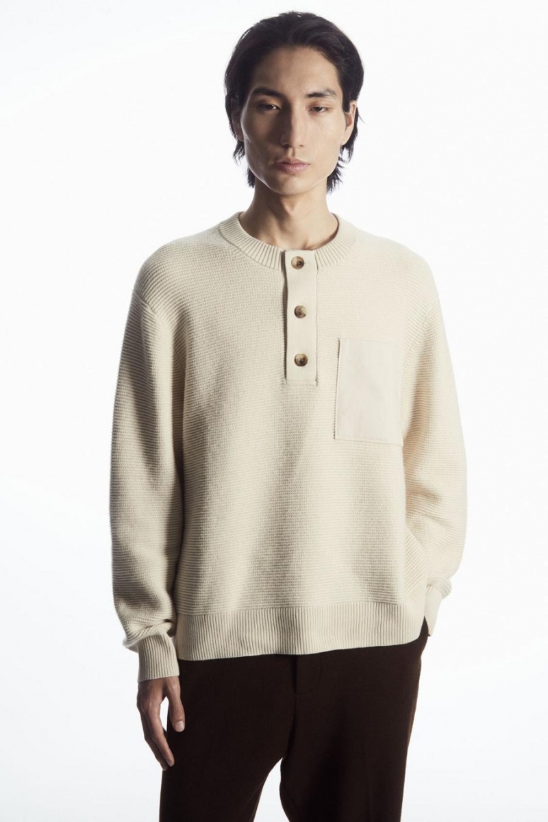 COS Waffle-knit Henley Jumpers Férfi Krém | SGI-094173