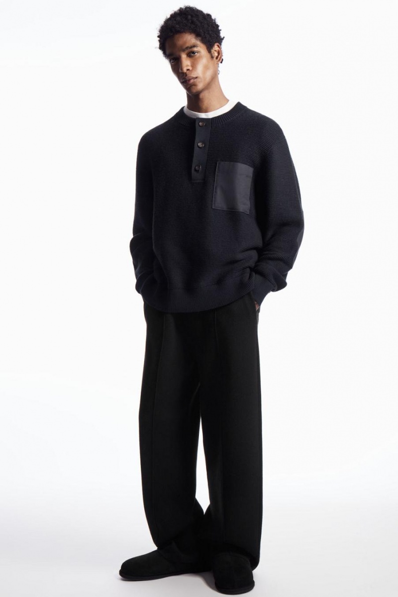 COS Waffle-knit Henley Jumpers Férfi Sötétkék | EGY-578932