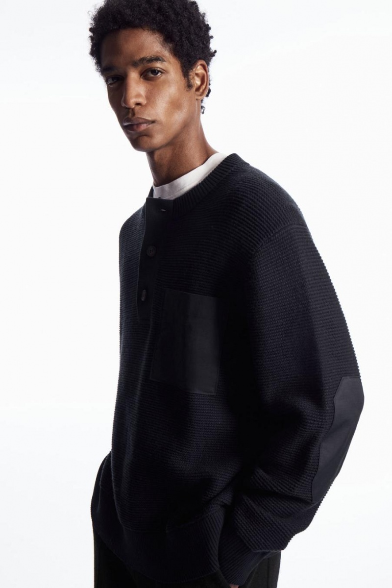 COS Waffle-knit Henley Jumpers Férfi Sötétkék | EGY-578932