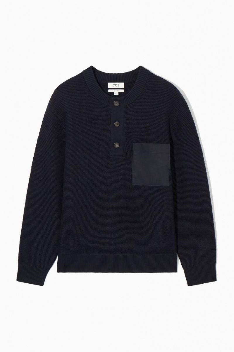 COS Waffle-knit Henley Jumpers Férfi Sötétkék | EGY-578932