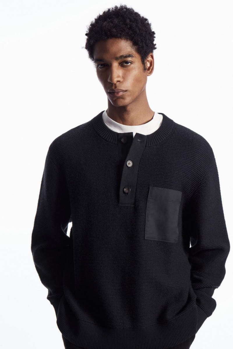 COS Waffle-knit Henley Jumpers Férfi Sötétkék | EGY-578932