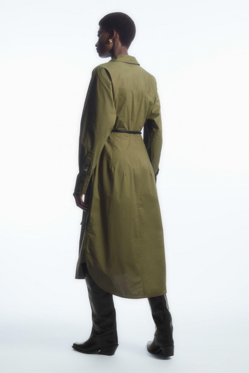 COS Waisted Midi Shirt Ruha Női Khaki Zöld | IBD-537428
