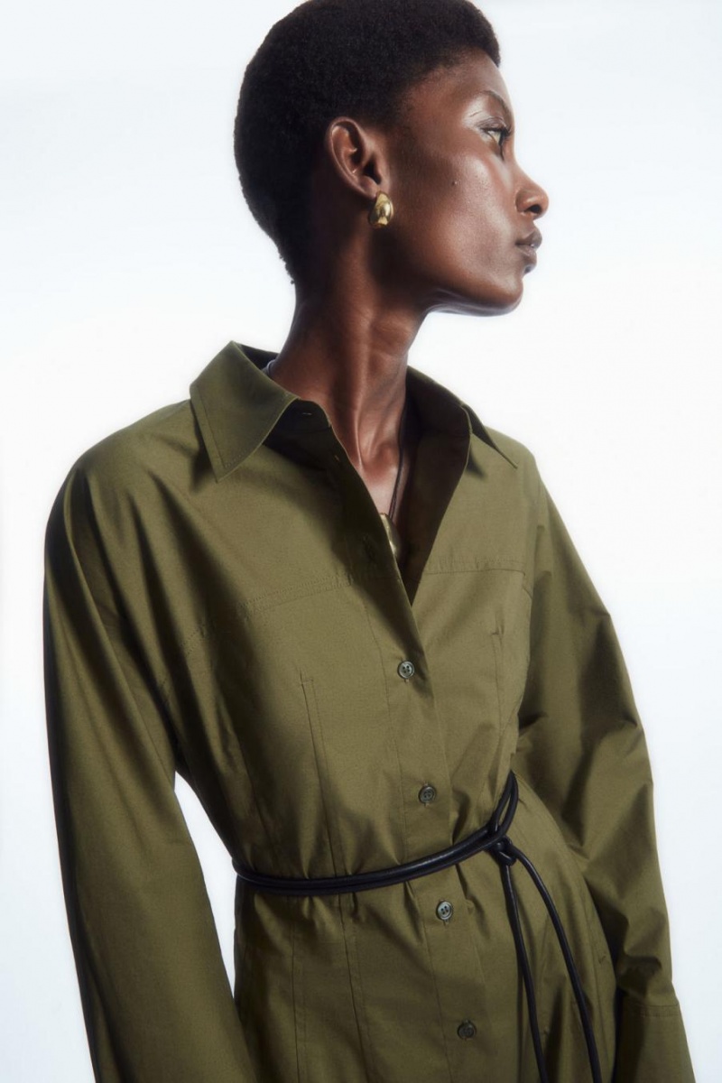 COS Waisted Midi Shirt Ruha Női Khaki Zöld | IBD-537428