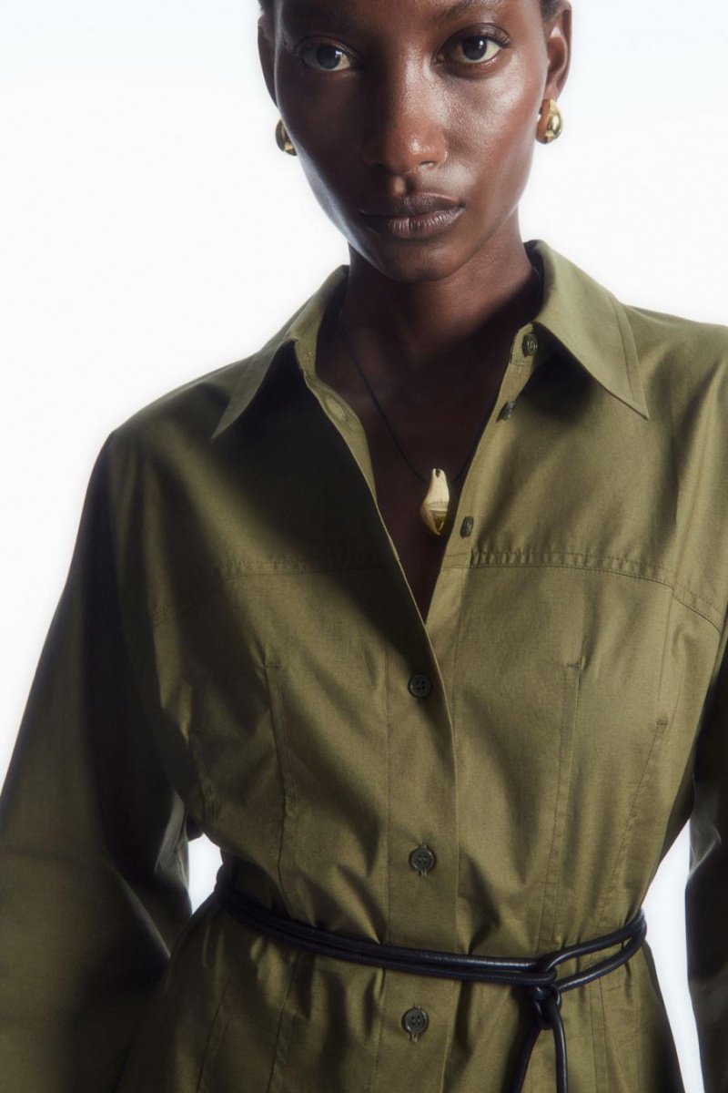 COS Waisted Midi Shirt Ruha Női Khaki Zöld | IBD-537428