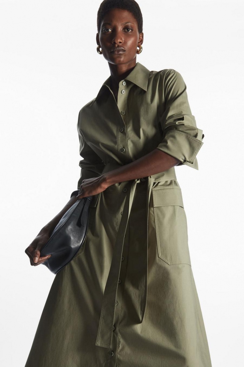 COS Waisted Midi Shirt Ruha Női Khaki Zöld | ZDX-672395