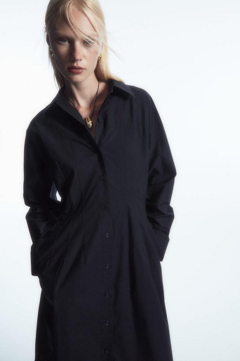 COS Waisted Midi Shirt Ruha Női Sötétkék | UBE-623481