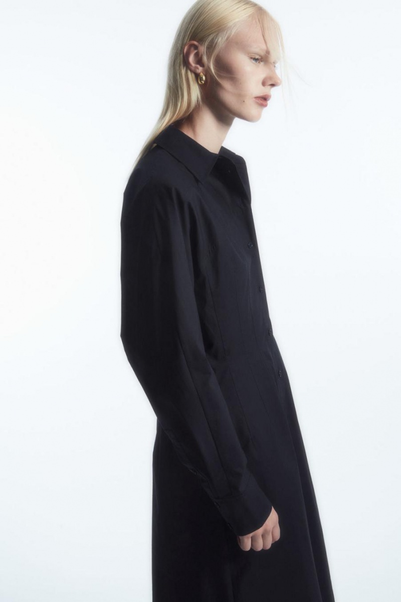 COS Waisted Midi Shirt Ruha Női Sötétkék | UBE-623481