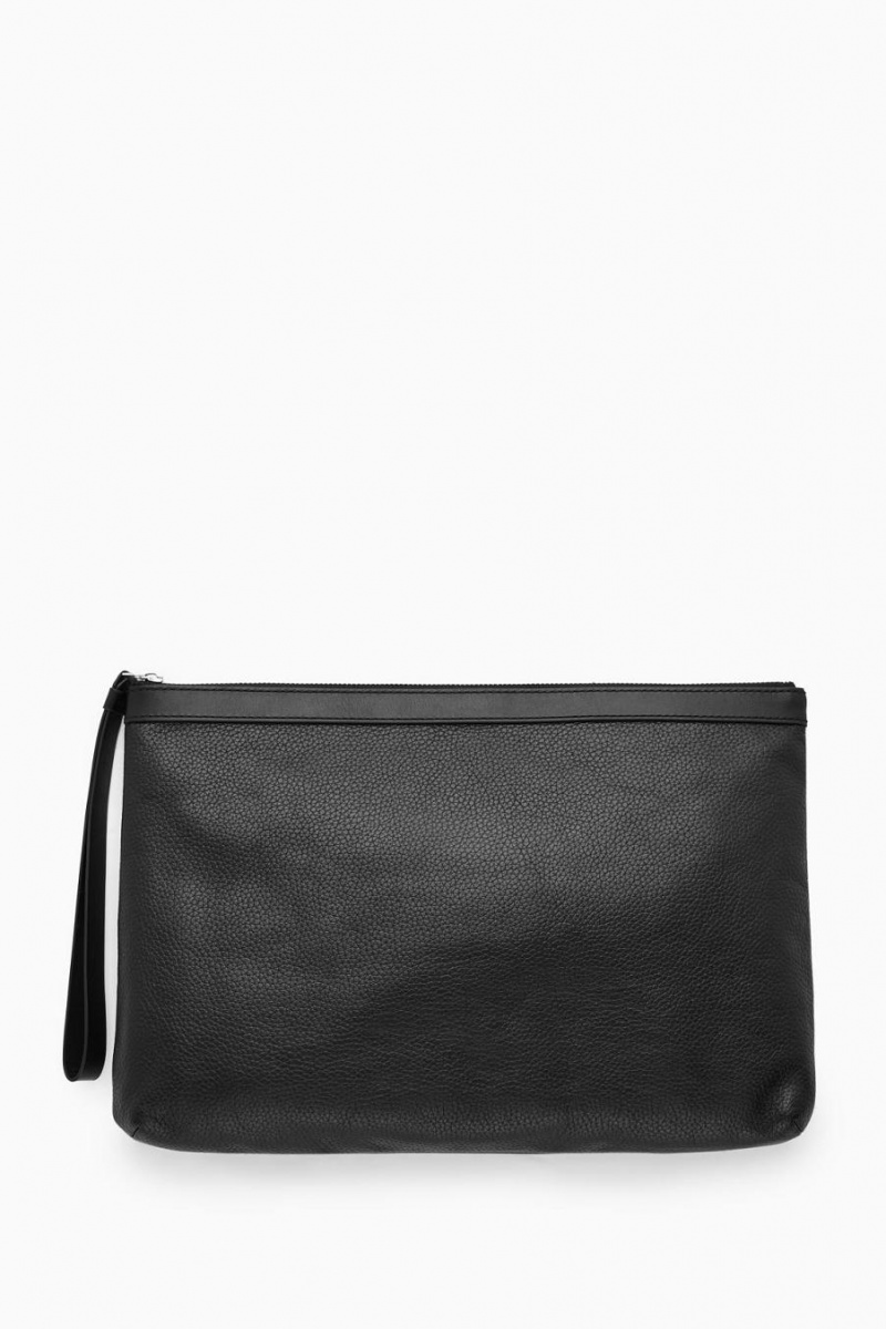 COS Zipped Folio Pouch - Grained Bőr Táska Férfi Fekete | QUW-192084