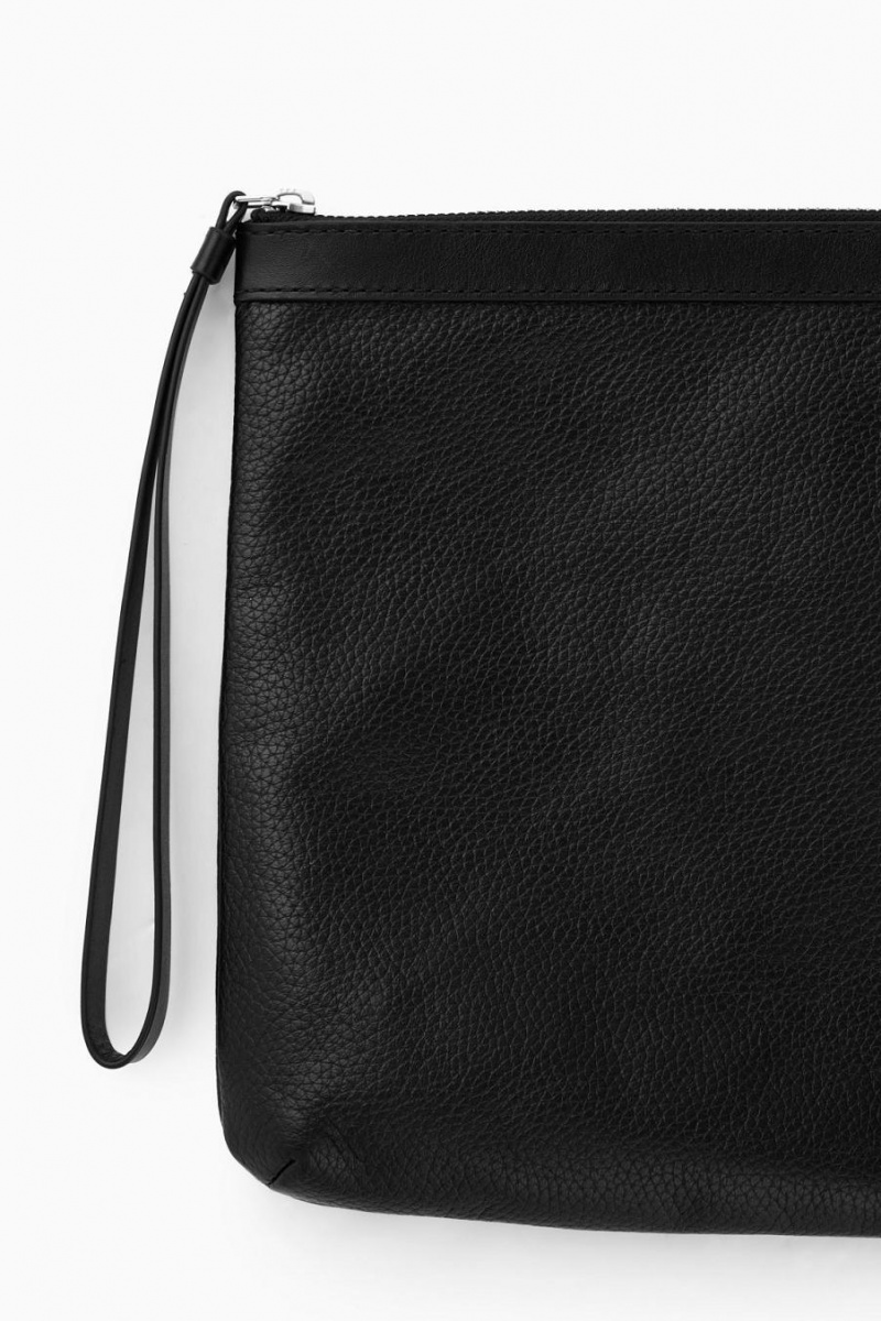 COS Zipped Folio Pouch - Grained Bőr Táska Férfi Fekete | QUW-192084
