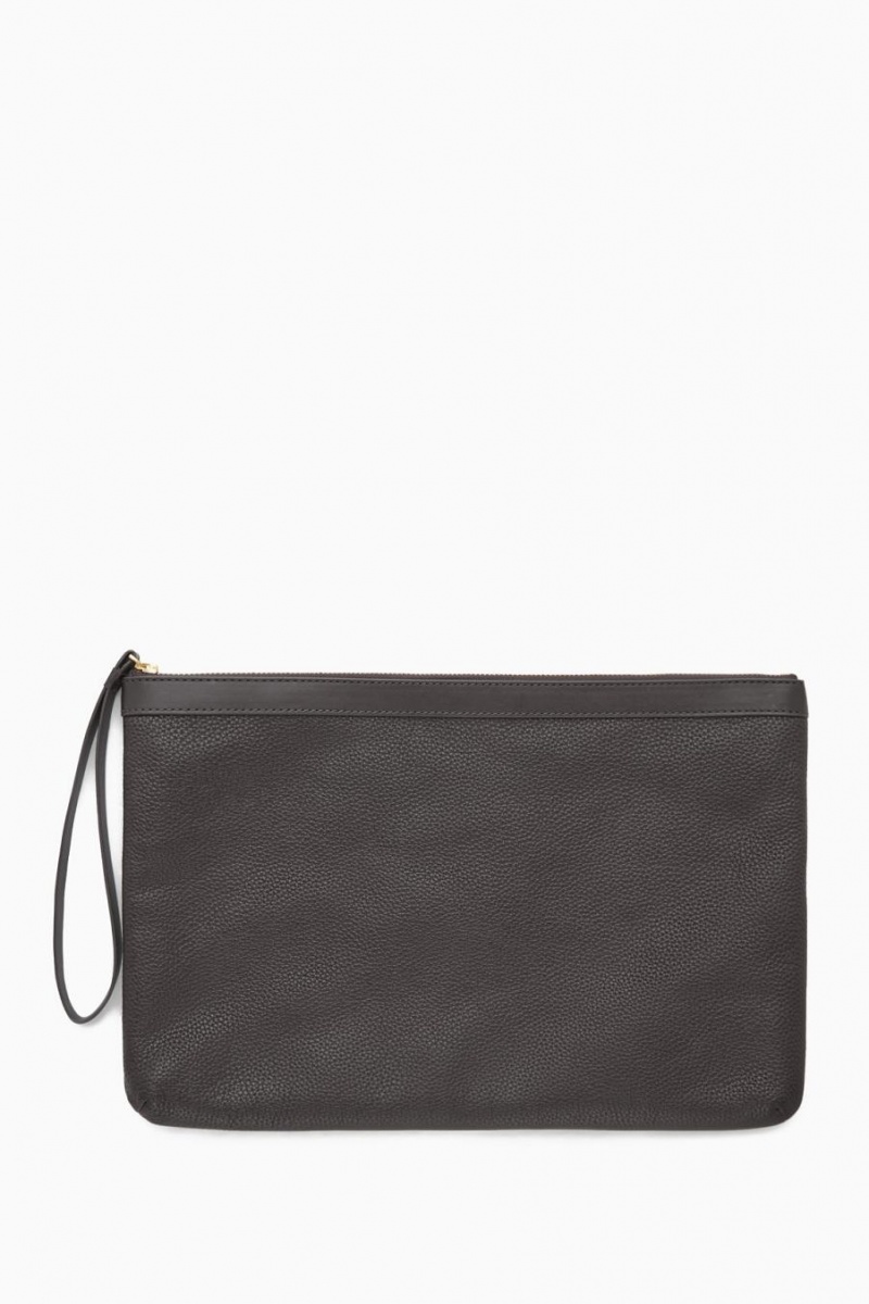 COS Zipped Folio Pouch - Grained Bőr Táska Férfi Sötétbarna | BWT-631742