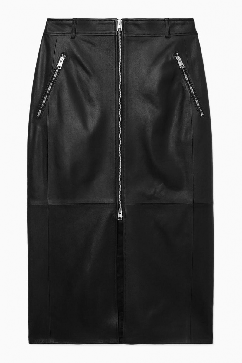 COS Zip-up Bőr Midi Szoknya Női Fekete | QMP-516928